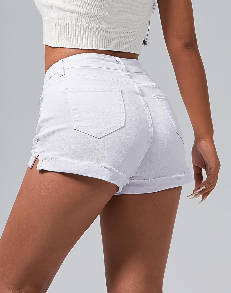 roswear Women's Ripped Mid Rise Stretchy Denim Jeans Shorts White Medium - Image 3